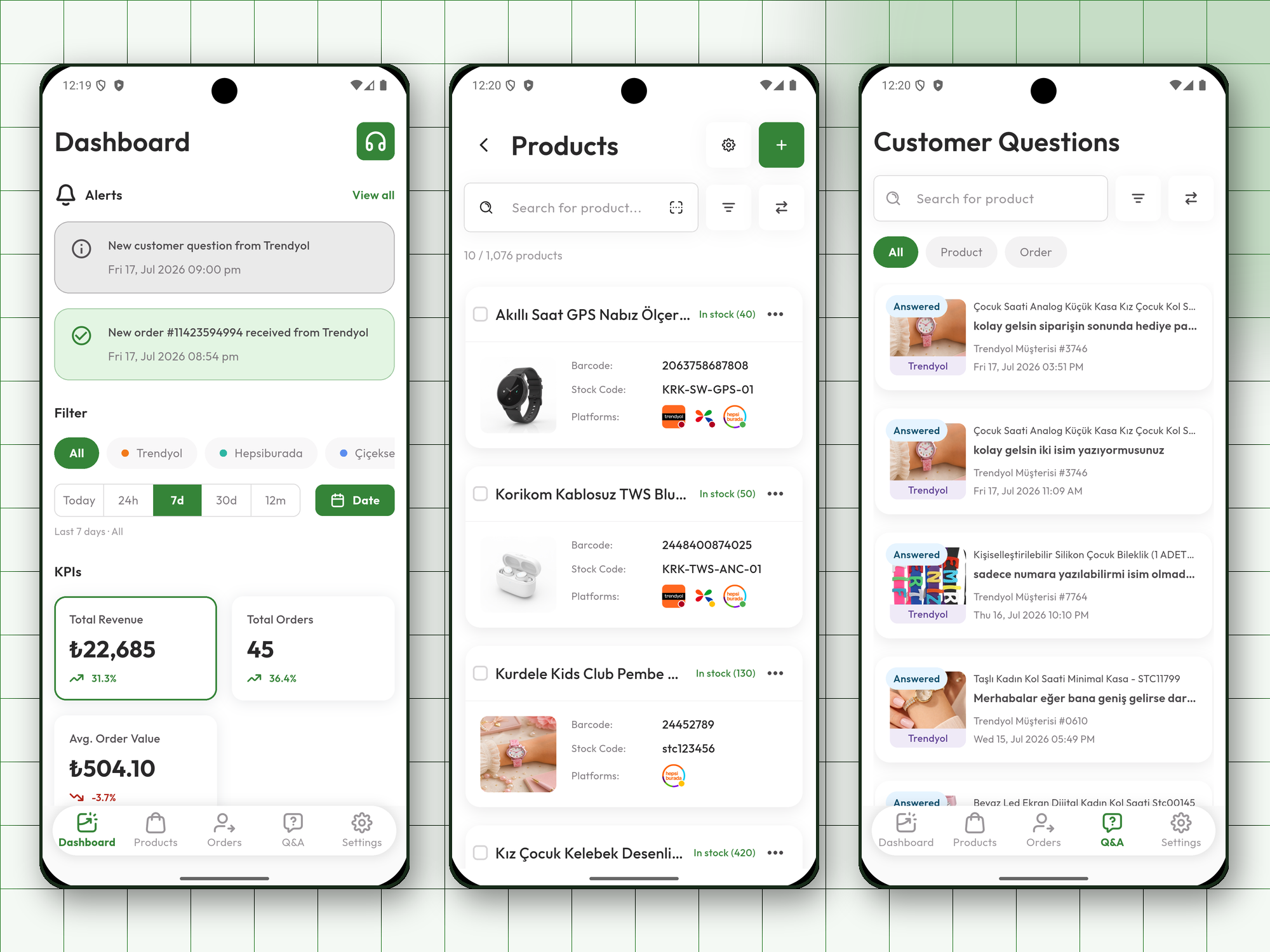 Seller dashboard, products & AI Q&A